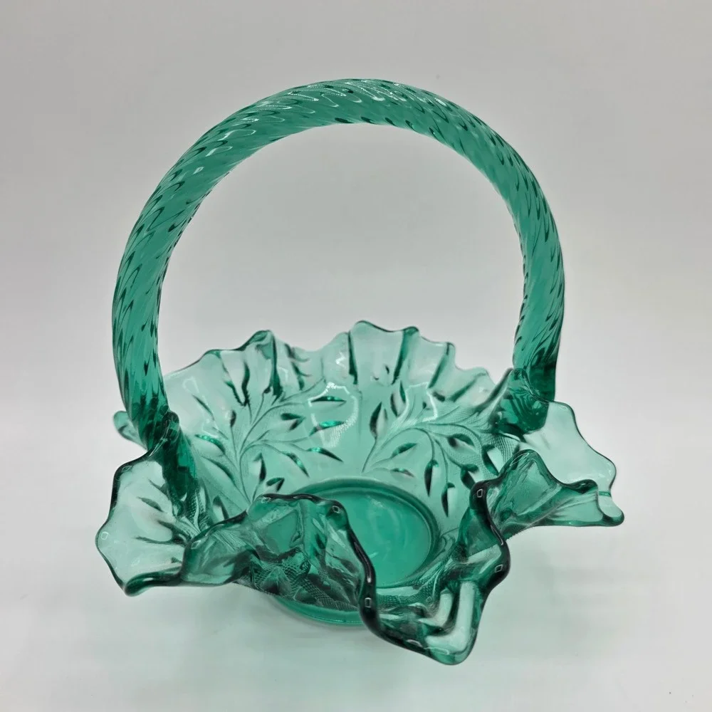 Vintage Fenton Teal Green Ruffled Edge Glass Basket Leaf Pattern Twisted Handle